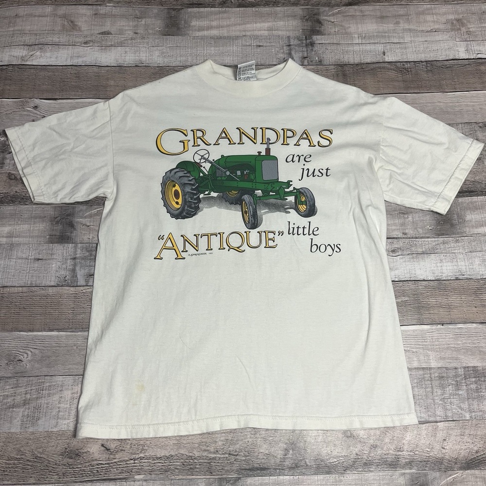 Grandpa Shirt Size Medium White Vintage 90s Antique Little Boys Tractor Cute Tee